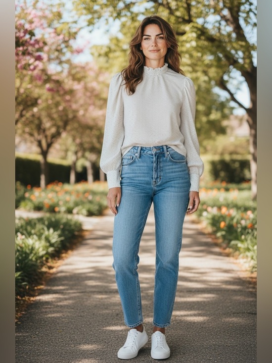 Jones & Co. Tops - High-Neck White Dot Long-Sleeve Blouse